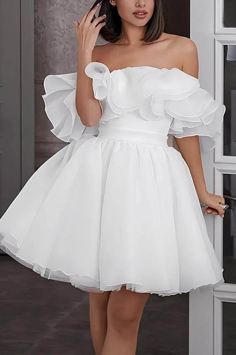 Off-The-Shoulder Mini Organza Wedding Dress CW3395CR - COCOMELODY